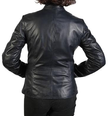 SL110054 - Ladies Shaped Hip Length Navy Leather Zip Jacket